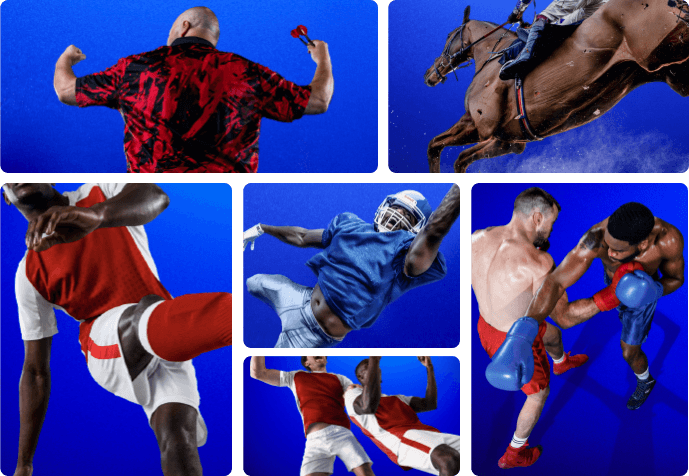 A montage of six sports photographs: a boxer, a jockey mid-race, a footballer striking the ball, an American footballer, and two fighters.