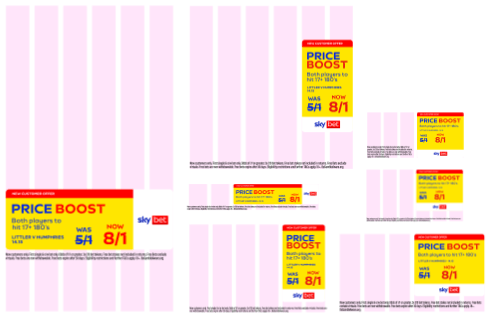 Five placements built on a six-column grid, from a tall portrait banner to a small square.